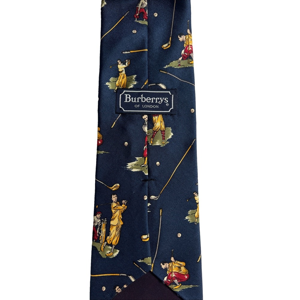 Burberry Brand London Blue Golfing Theme Motif Neck Tie 100% Silk Handmade 57"